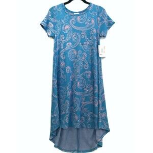LuLaRoe Carly XXS Blue Paisley Rayon Stretch Short Sleeve Midi Hi Low Dress NWT